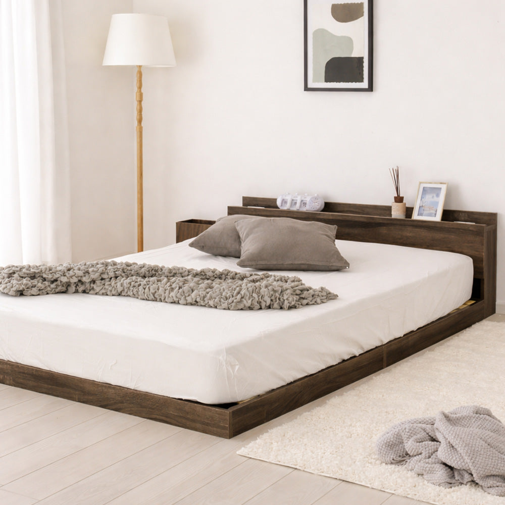 LED照明＆棚付きローベッド ライト付き 宮付き 北欧 おしゃれ コンセント付き [NERERU]