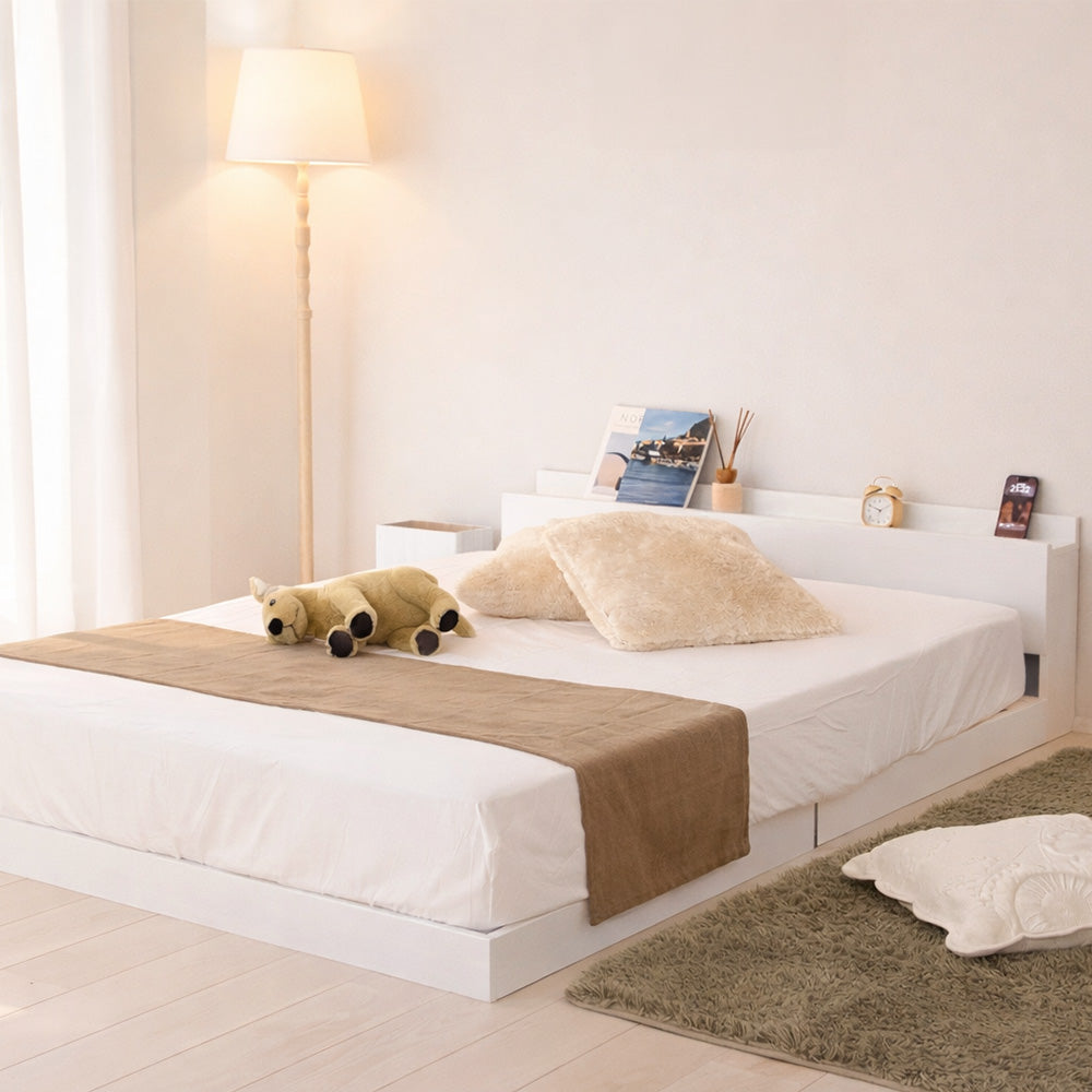 LED照明＆棚付きローベッド ライト付き 宮付き 北欧 おしゃれ コンセント付き [NERERU]