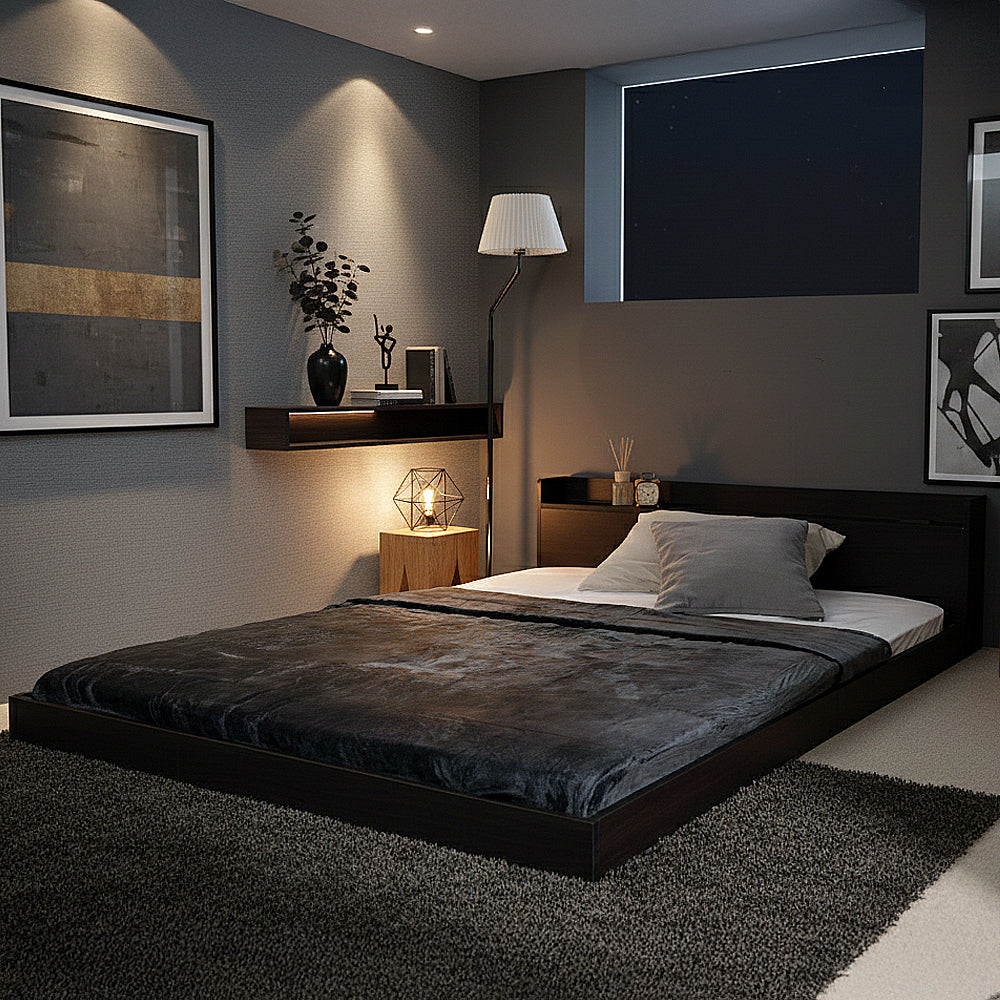 ローベッド ダブル 宮付き コンセント スマホスタンド付き 木製 フロアベッド [NERERU]