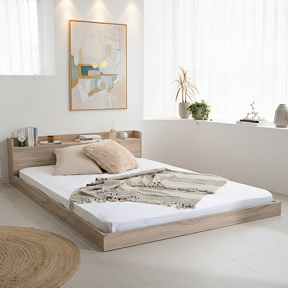 ローベッド ダブル 宮付き コンセント スマホスタンド付き 木製 フロアベッド [NERERU]