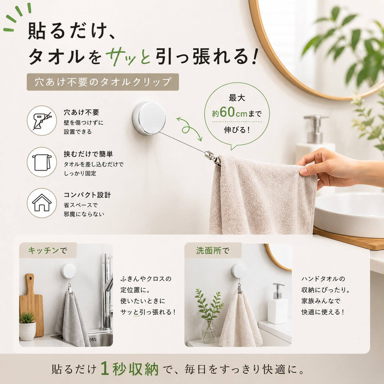 貼るだけ！さっと引き出せるタオルクリップ｜粘着式・リール付き
