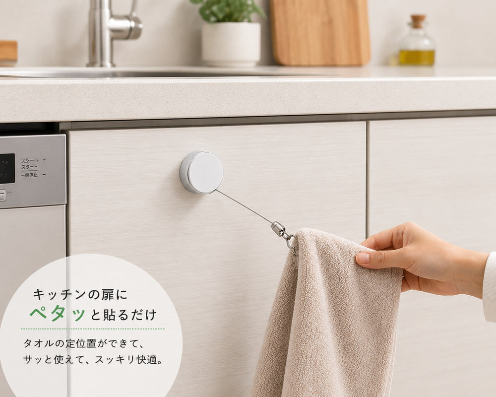 貼るだけ！さっと引き出せるタオルクリップ（粘着式・リール付き）