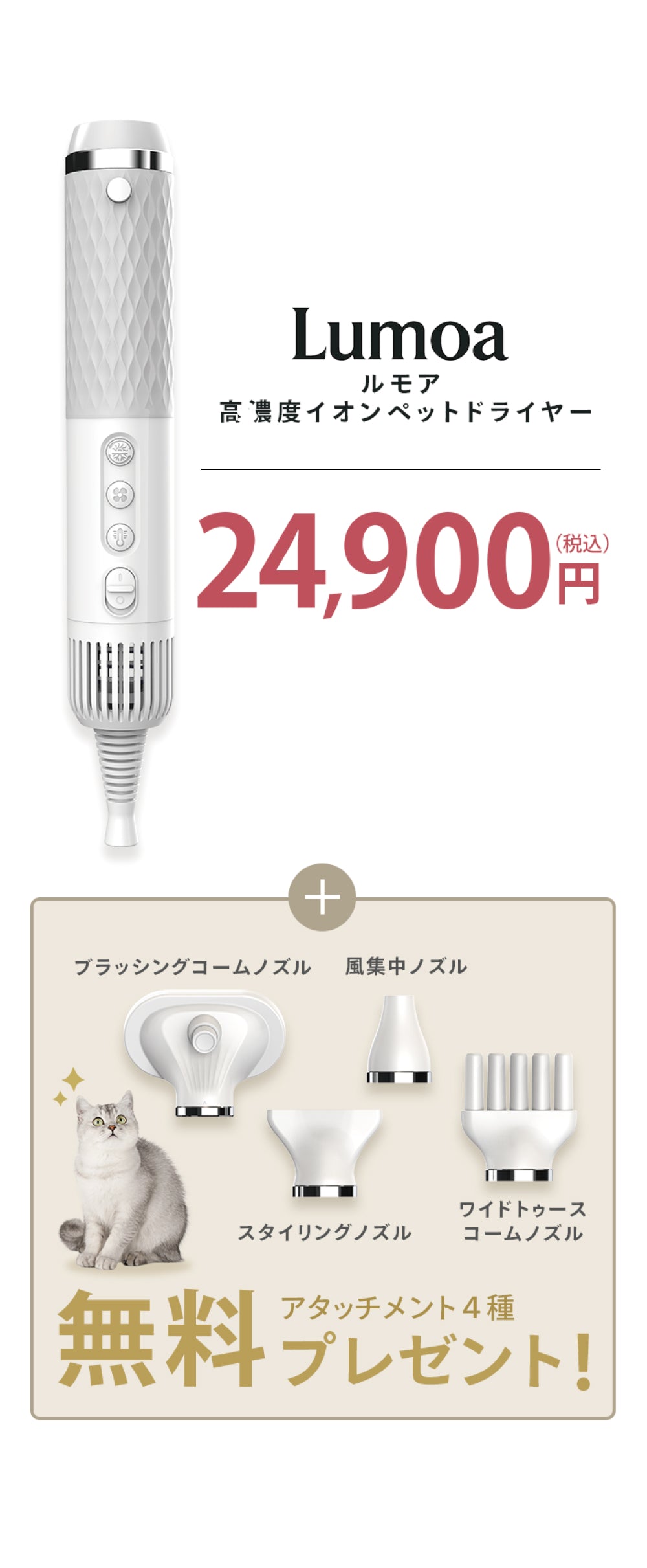 ペット犬猫用 高濃度イオン 速乾低温ドライヤー ハンディタイプ 温度風量調節可能 家庭用 旅行用【PSE認証】