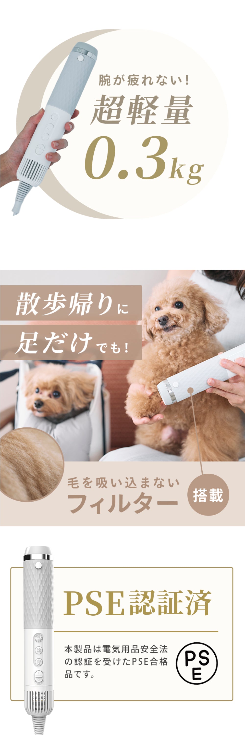 ペット犬猫用 高濃度イオン 速乾低温ドライヤー ハンディタイプ 温度風量調節可能 家庭用 旅行用【PSE認証】