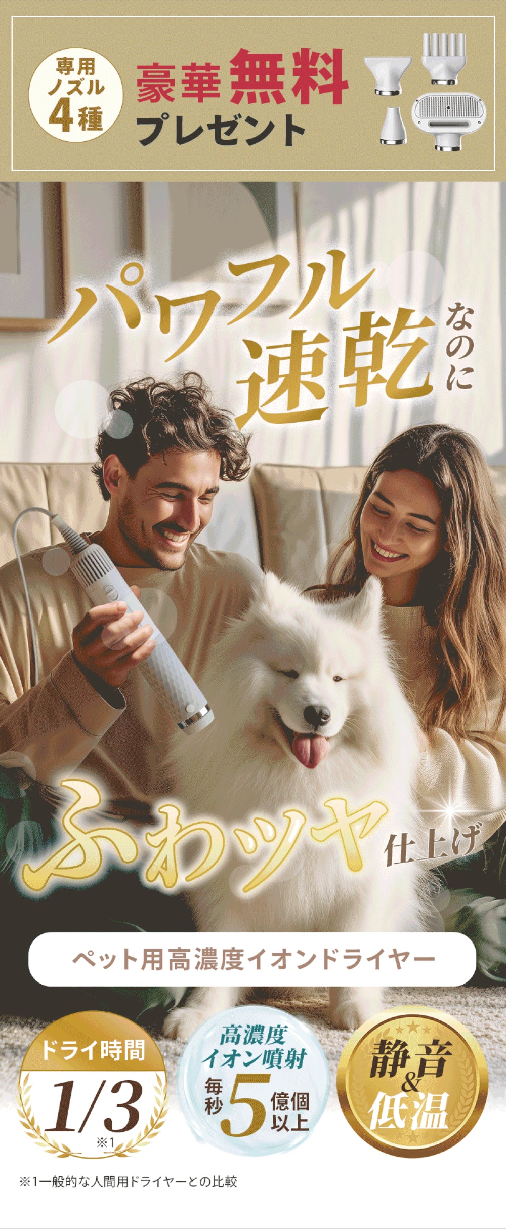 ペット犬猫用 高濃度イオン 速乾低温ドライヤー ハンディタイプ 温度風量調節可能 家庭用 旅行用【PSE認証】