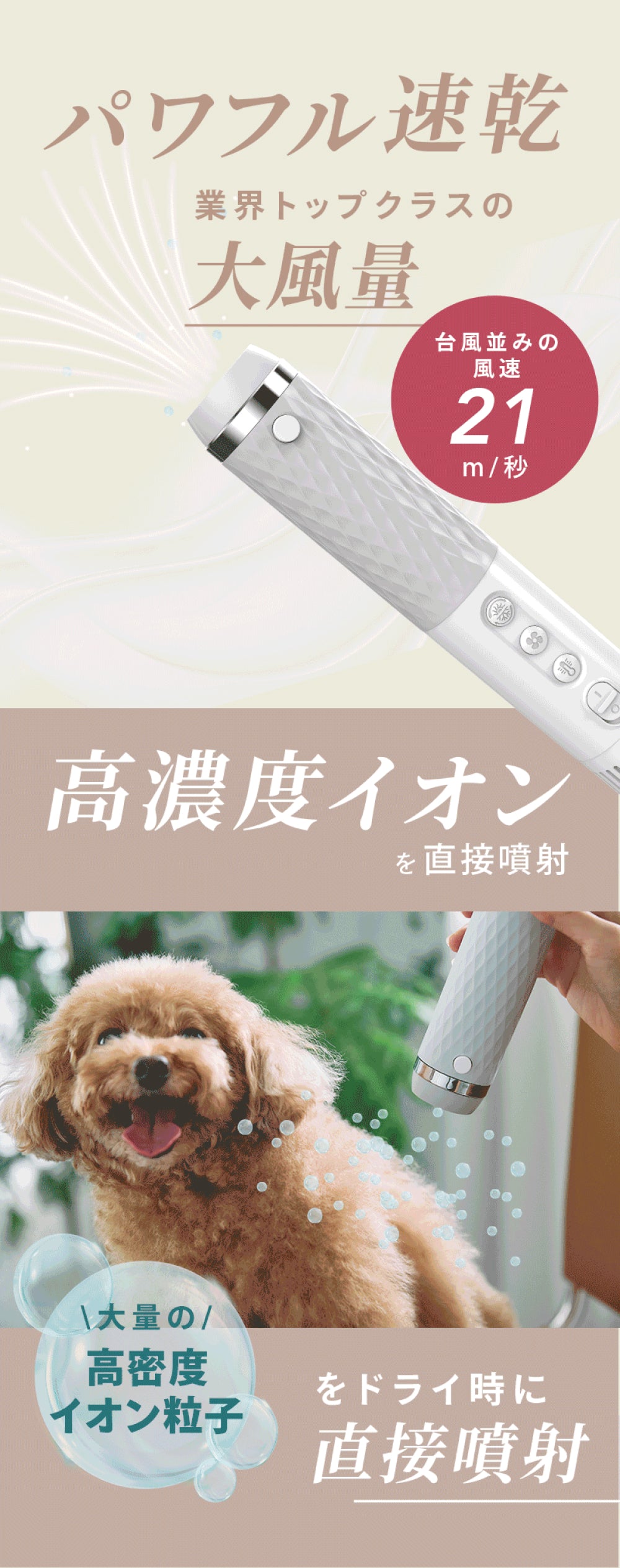 ペット犬猫用 高濃度イオン 速乾低温ドライヤー ハンディタイプ 温度風量調節可能 家庭用 旅行用【PSE認証】
