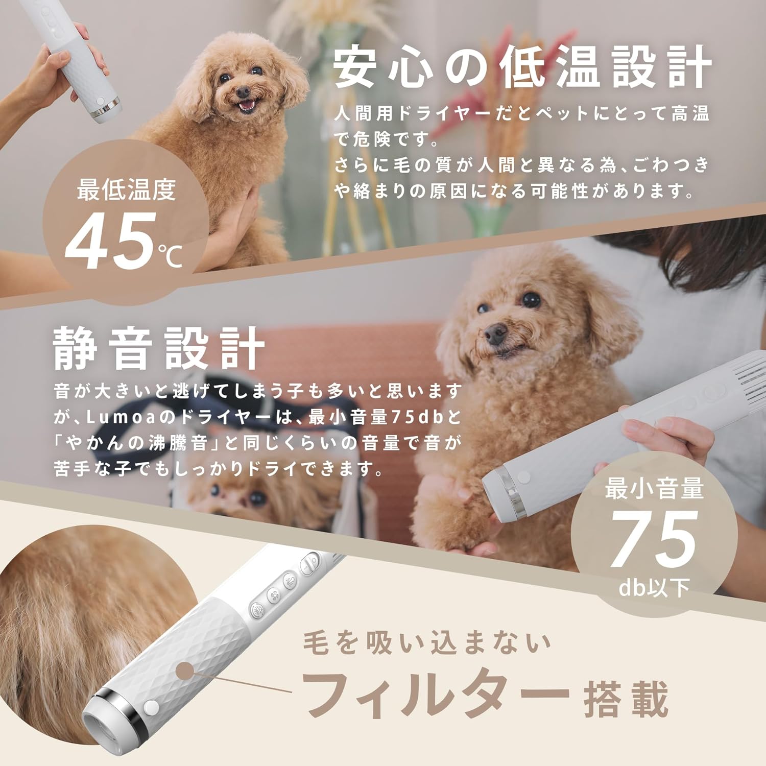 ペット犬猫用 高濃度イオン 速乾低温ドライヤー ハンディタイプ 温度