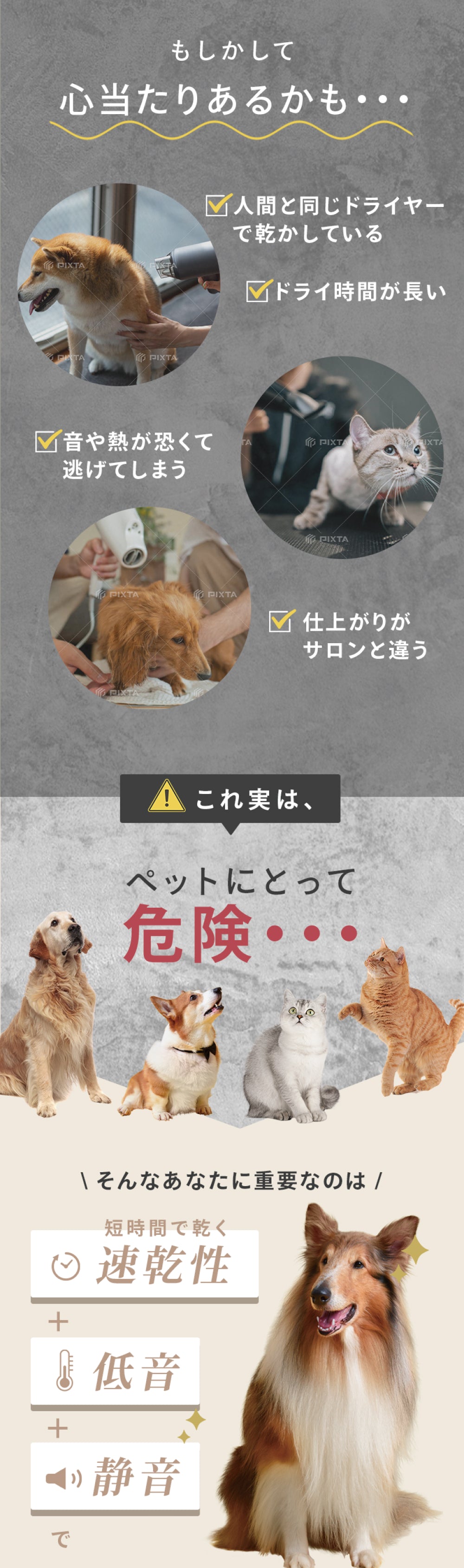 ペット犬猫用 高濃度イオン 速乾低温ドライヤー ハンディタイプ 温度風量調節可能 家庭用 旅行用【PSE認証】