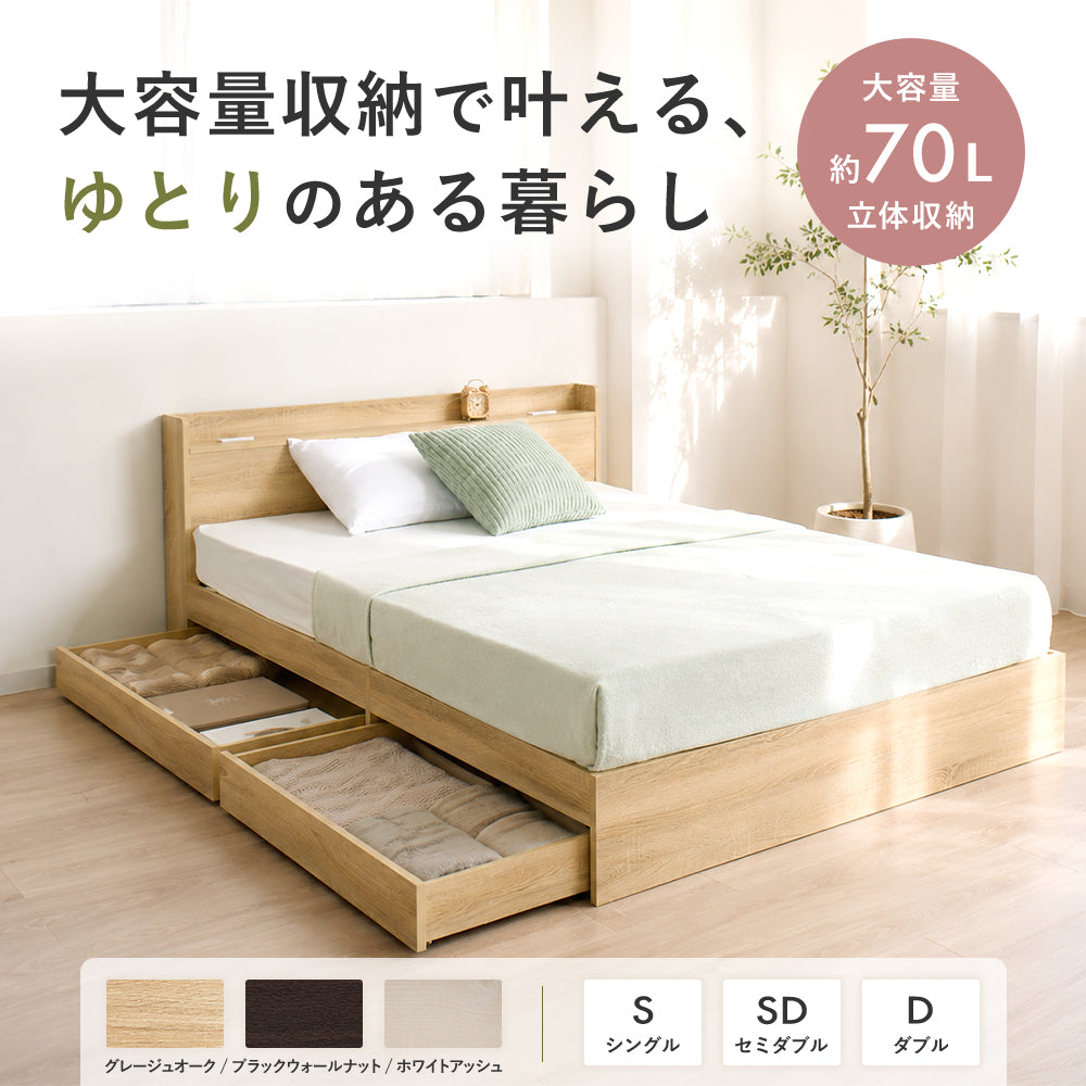 【収納付き】ベッドフレーム 宮棚 コンセント付き 引き出し2杯 木目調 [NERERU-ST ネレル]