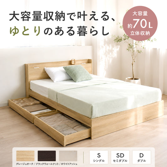 【収納付き】ベッドフレーム 宮棚 コンセント付き 引き出し2杯 木目調 [NERERU-ST ネレル]