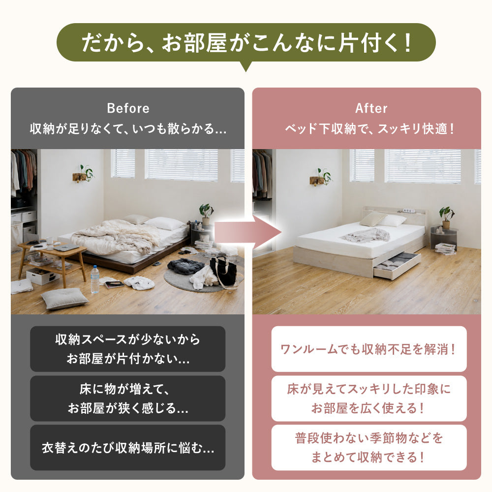 【収納付き】ベッドフレーム 宮棚 コンセント付き 引き出し2杯 木目調 [NERERU-ST ネレル]